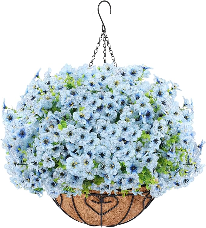 Artificial Hanging Flower for Outdoors, Fake Hanging Basket for Outside,1 Hanging Basket with 13 Pcs Faux Silk Flowers for Porch, Balcony and Patio Decor(Blue)