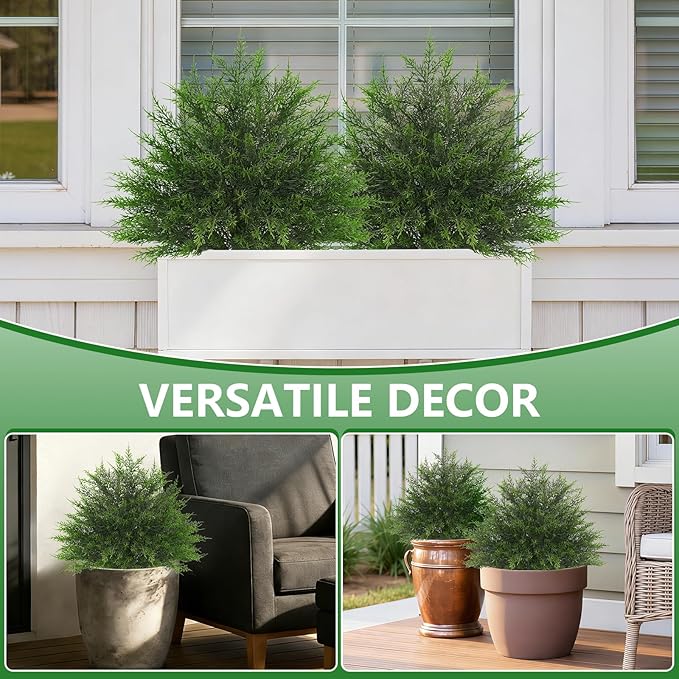 Artificial Cypress Topiary Bushes with Spike, 2 Pack Faux UV Resistant Cedar Ball Trees for Outdoor Planters, Fake Shrubs Plants for Porch Garden Decor