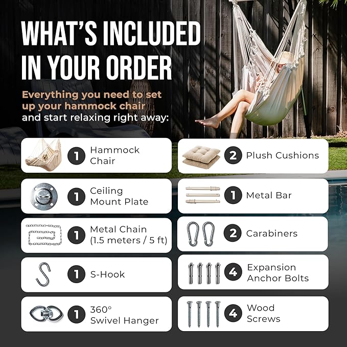 Hanging Hammock Chair Swing – Hanging Chair Outdoor & Indoor - Hammock Swing Chair – Quick & Easy Setup with Hardware Kit – Durable & Spacious Full Body Support with 2 Plush Cushions – Holds 440 Lbs