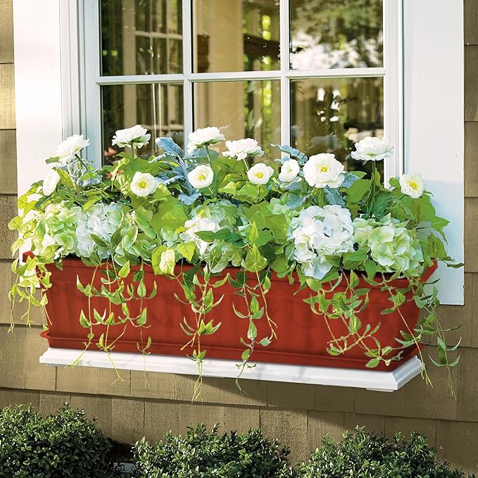 6 Packs Window Box Planter, 17 Inches Flower Window Box Rectangular Plastic Vegetable Planters with Trays for Windowsill, Patio, Garden, Balcony, Brick Red