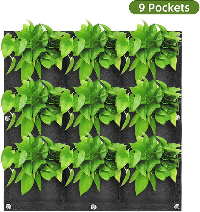 Hanging Planting Grow Bags, 9 Pockets Hanging Vertical Wall Planter Wall Mounted Grow Bag Outdoor Indoor Gardening Vertical Greening Flower Container, Planting Bags Storage Bags(0.5 m × 0.5 m, Black)