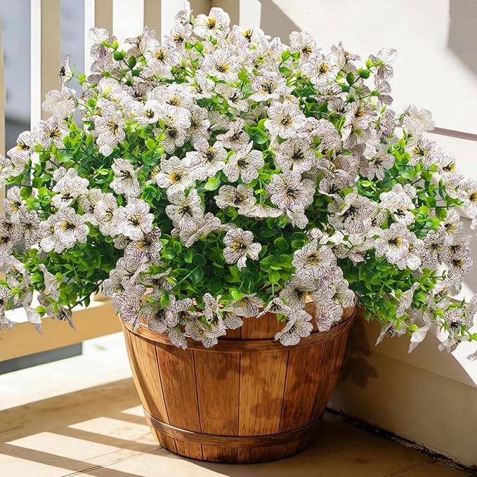20 Bundles Artificial Flowers for Outdoors, UV Resistant Fake Plants Flowers Greenery Shrubs Plants for Decoration Outside Plants Hanging Planter Home Garden Decor (White)