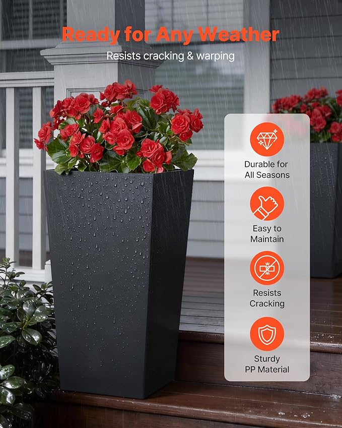 VEVOR 30 inch Tall Planters for Outdoor Plants Set of 2, Black Tall Planter for Indoor Plants, Modern Large Planters for Front Porch Patio Balcony, Plant Container Flower Pots with Built-in Drainage