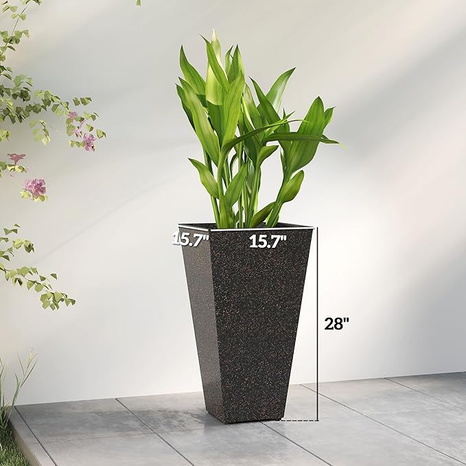 Outsunny 28 Inch Tall Planters for Outdoor Plants, Set of 3 Plastic Flower Pots with Marble Finish and Drainage Holes, Stackable Tapered Large Planters for Indoor Plants, Front Porch Decor, Brown