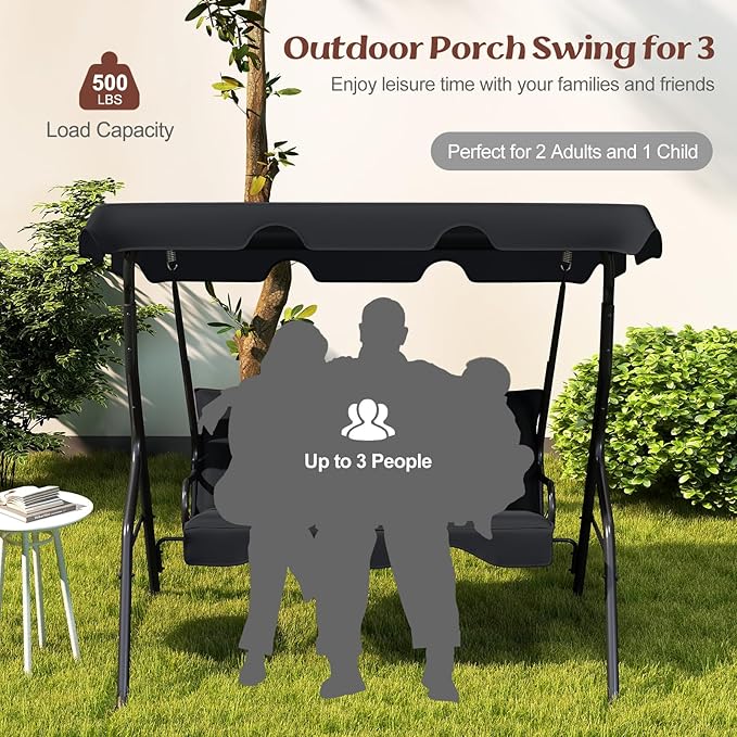Tangkula 3 Person Porch Swing, Patio Swing with Removable Cushion & Powder-Coated Steel Frame, Outdoor Swing with Canopy for Porch, Backyard, Garden, Balcony (Black)