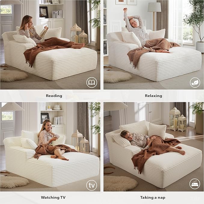 50 Inch Chaise Lounge Chair Indoor, Oversized Corduroy Upholstered Boneless Sofa Bed, Deep Seat Sleeper Couch Reading Chairs, Cloud Sofas Couches for Living Room, No Assembly Required (Beige)