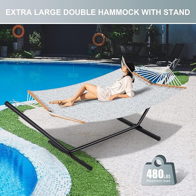 Two Person Hammock with Stand for Outside Heavy Duty, Outdoor Patio Hammock with Portable Steel Stand, Large Double Hammocks with Quick Dry Textilene Fabric,480lbs Capacity.(Grey White)