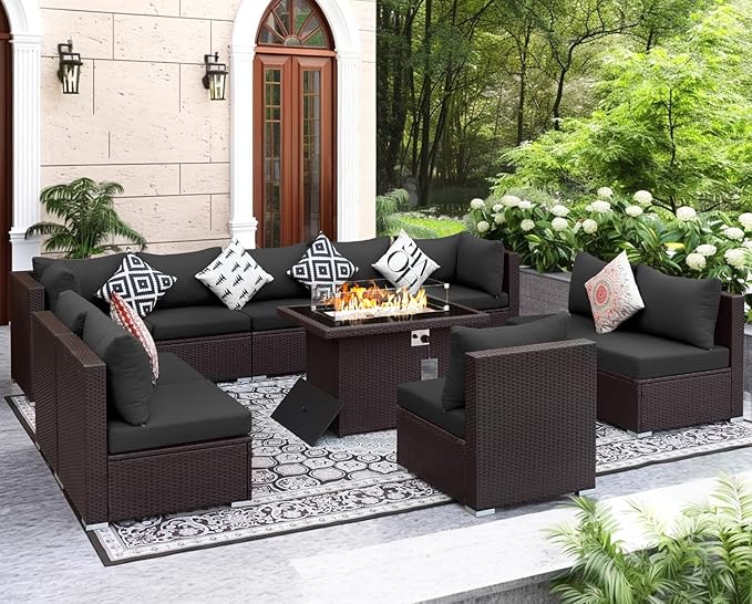 NICESOUL 11 Pcs Modern Outdoor Patio Sectional Furniture Set with Fire Pit Table, 29.3'' High Back Conversation Sets with Firepit, Cozy Large U-Shaped L-Shape Couches, Brown Rattan and Gray Cushion