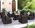 NICESOUL 11 Pcs Modern Outdoor Patio Sectional Furniture Set with Fire Pit Table, 29.3'' High Back Conversation Sets with Firepit, Cozy Large U-Shaped L-Shape Couches, Brown Rattan and Gray Cushion