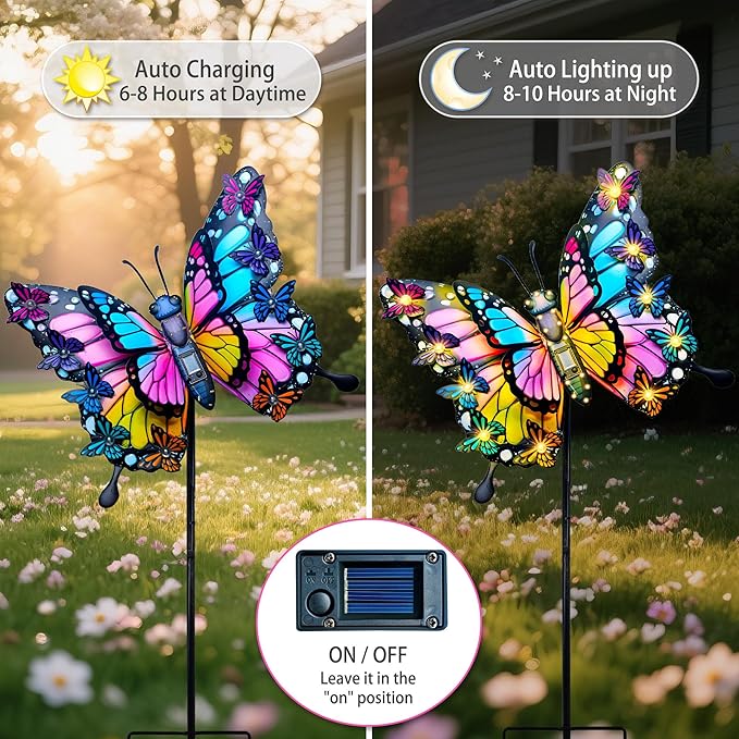 Hexagram Butterfly Garden Decor, Butterfly Solar Lights for Outside, Metal Decorative Large 42.3" Yard Stakes, Solar Outdoor Decorations for Lawn Porch Pathway, Birthday Gardening Gifts for Mom Women