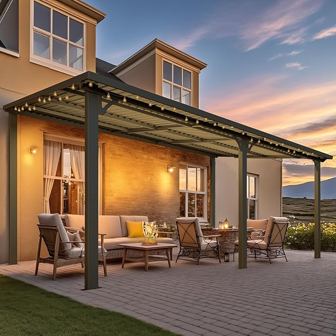 AECOJOY 16' x 10' Outdoor Hardtop Gazebo Pergola for Patio, 10x16 Large Galvanized Steel Heavy Duty Lean to Wall-Mounted Pergolas and Gazebos Clearance, Metal Patio Roof Awnings for Backyard, Decks