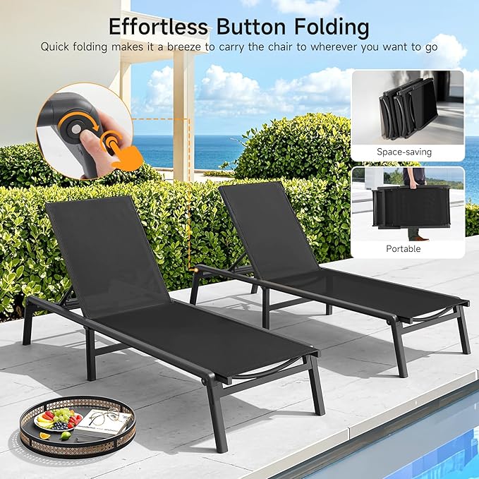 ONBRILL Aluminum Chaise Lounge Chair Outdoor, Foldable & Assembly Free Outdoor Lounge Chair with 5 Position Adjustable Backrest, Patio Pool Lounge Chairs for Outside Poolside Beach Lawn, 1PC, Black
