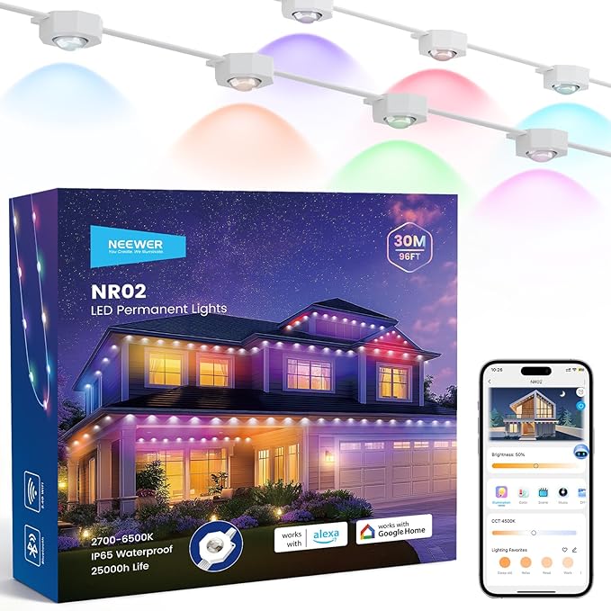 NEEWER 96ft Permanent Outdoor Lights for House Decor, Smart AI RGBCW Outside Eaves String Christmas Lighting with 60 LED Lights App Control 50+ Scenes IP65 Waterproof, Compatible with Alexa, NR02