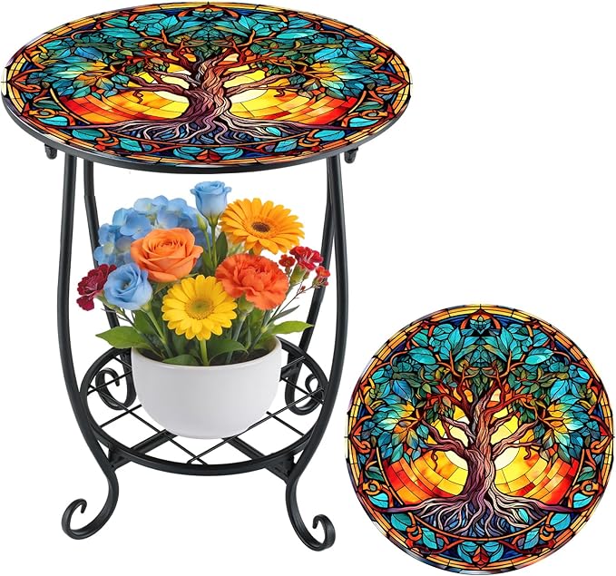 Outdoor Side Table Round Small Mosaic Patio Accent Indoor End Plant Coffee Tea Table for Yard Patio Porch Garden Living Room, Bedroom(Tree of Life Style,12 Inch)