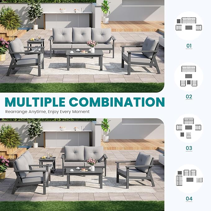 7-Piece HDPE Patio Furniture Set, Outdoor Sectional Sofa Set,All Weather Outdoor Couch with Dust-Free Cushions, Durable Patio Conversation Sets for Balcony, Porch, Gray
