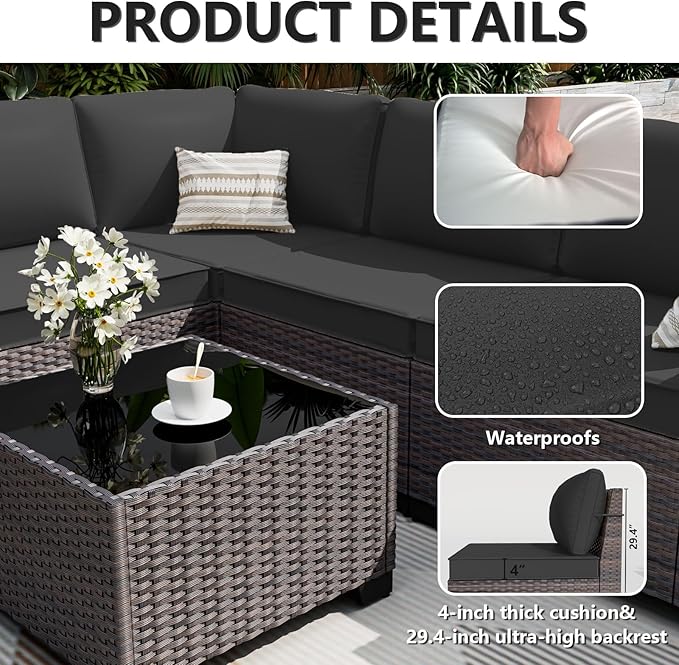 ALAULM 12 Pieces Patio Furniture Set Outdoor Sectional Sofa Brown PE Rattan Patio Conversation Set w/10 Seat Cushions and 2 Coffee Tables-Elegant Black