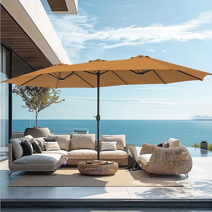 PHI VILLA 15ft Large Patio Umbrellas with Base, Outdoor Double-Sided Rectangle Market Umbrella for Pool Lawn Garden, Tawny