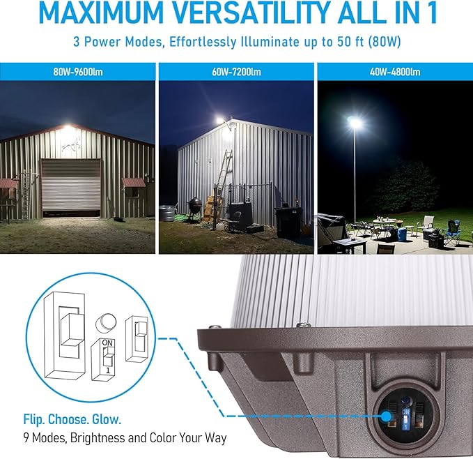 TORCHSTAR 3CCT LED Barn Light, Dusk to Dawn Area Lights with Photocell, Outdoor Security Flood Lighting, Update 40W/60W/80W Selectable, ETL Listed, IP65 Waterproof, Aluminum, 120-277V, Garage, Bronze