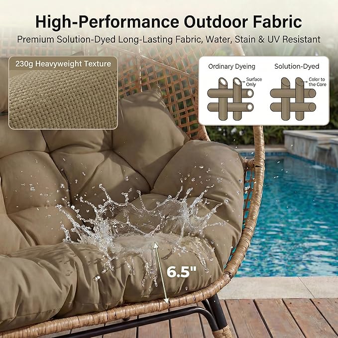 NICESOUL Double Egg Chair with Footstools & Cushions, Oversized Wicker Boho Chair Extra Large with Footrests Stationary 2 Person Loveseat Comfort Deep Seating for Indoor Outdoor