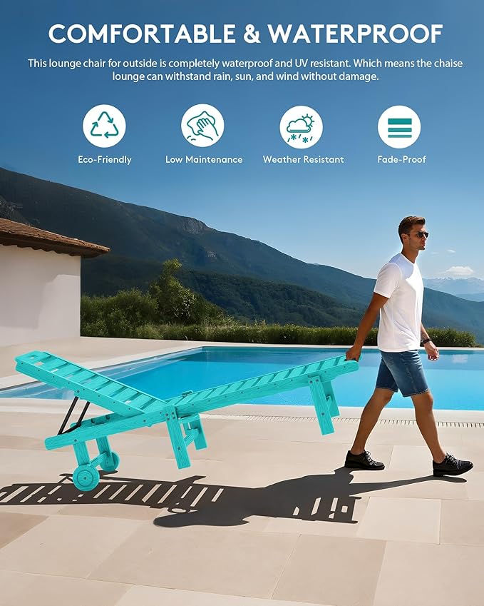 SERWALL Outdoor Chaise Lounge Set of 2, All-Weather HDPE Pool Lounge Chairs with 5-Position Adjustable Backrest, Rolling Wheels & Cup Holder for Poolside, Aruba