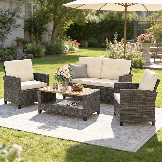 Wisteria Lane 4 Piece Patio Furniture Set, Wicker Outdoor Patio Conversation Furniture Set, All Weather Outdoor Patio Sofa with Cushion and Wood Table, Beige Wood