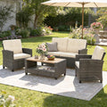Wisteria Lane 4 Piece Patio Furniture Set, Wicker Outdoor Patio Conversation Furniture Set, All Weather Outdoor Patio Sofa with Cushion and Wood Table, Beige Wood