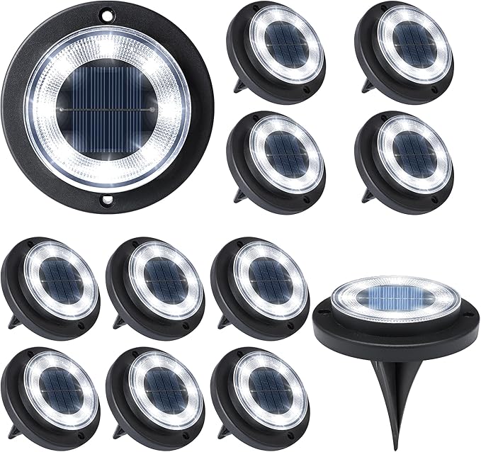 Flacchi Solar Lights Outdoor - Solar Powered Ground Lights Outdoor Solar Disk Light Waterproof Landscape Light for Patio Yard Pathway Walkway Driveway (Cool White, 12 Pack)