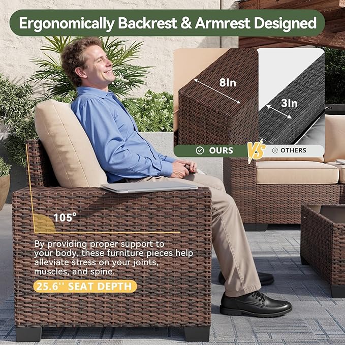 Aoxun 7 Piece Patio Furniture Set with Wide Armrests & 44” Fire Pit Table Wicker Rattan Outdoor Sectional Sofa Set with Coffee Table and Thick Cushion, Khaki (Waterproof Cover Included)