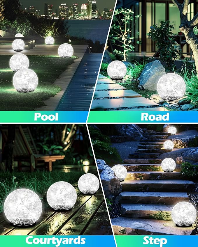 Coroor Garden Solar Ball Lights Outdoor Waterproof, 80 LED Cracked Glass Globe Ground Lights for Path Yard Patio Lawn, Outdoor Decoration Landscape White (2 Pack 5.9'')