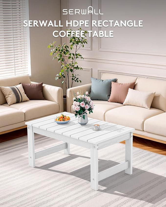 SERWALL Outdoor Coffee Table with 1.69" Umbrella Hole, HDPE Patio Coffee Table for Outside, Rectangle, White