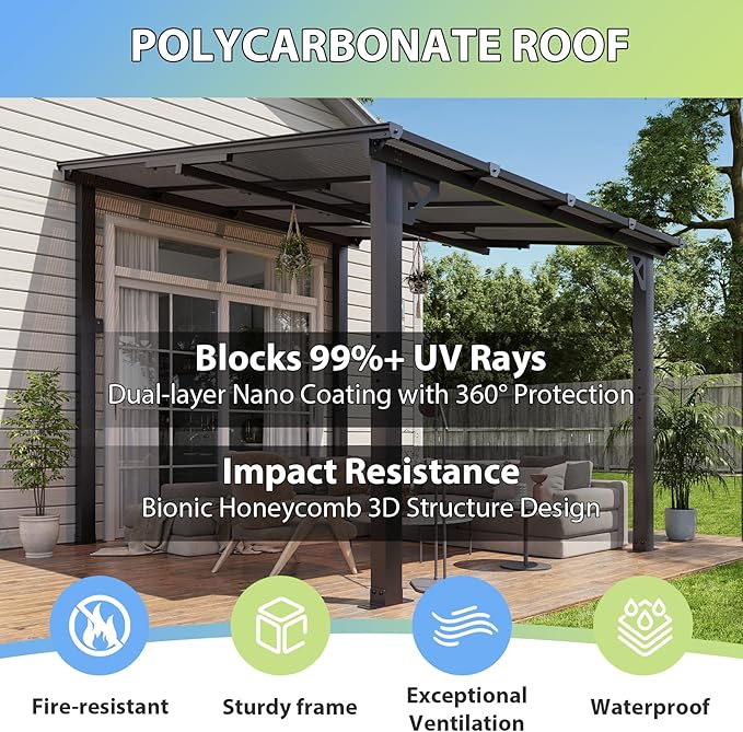 Aoxun 8'x 10' Premium Gazebo with Aluminum Top Frame & Polycarbonate Panel, Wall Mounted Gazebos Pergola, Outdoor Patio Lean to Gazebo, Awnings with Sloped Roof, for Backyard, Porch, Deck