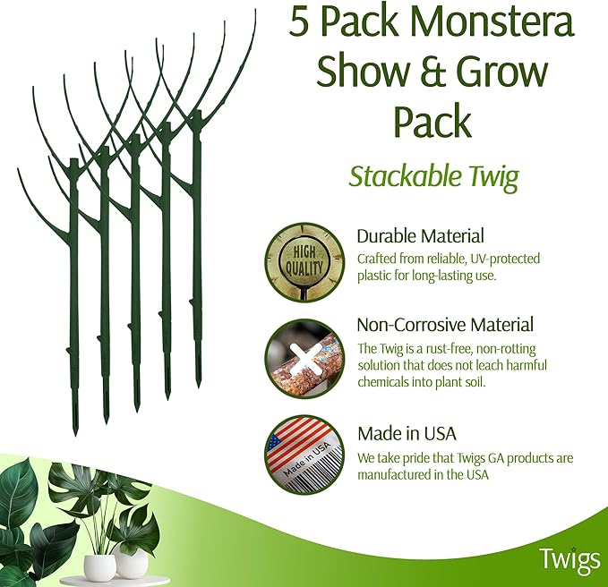 Stackable Monstera Plant Support Stakes, Climbing Support for Indoor & Outdoor Use, Plant Accessories, Aesthetic Alternative to Moss Poles & Trellises – Monstera Green, 5 Pack, 17" L