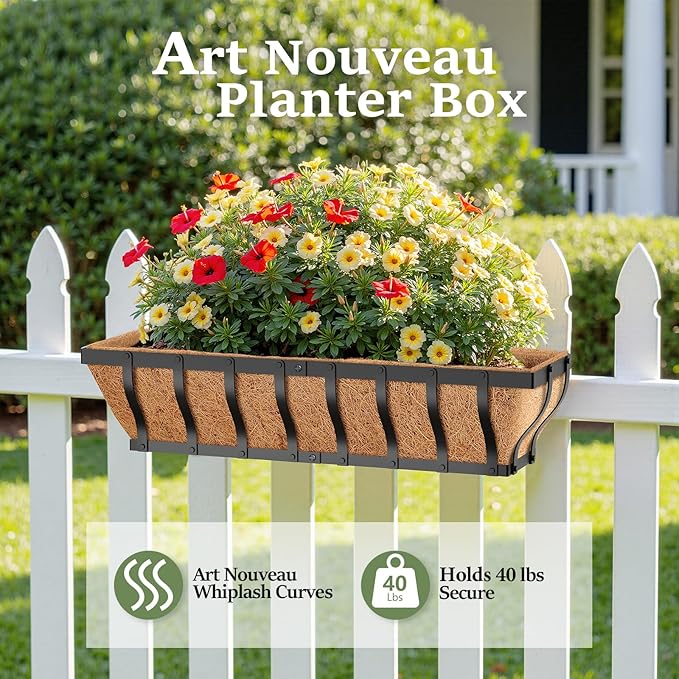 Railing Planter Boxes, Heavy Duty Window Box Planters, Adjustable Balcony Planters for Railing Hanging, with Coco Liner & Support Rod for Deck, Porch, and Patio Gardening (3 Pack, 30 Inch)