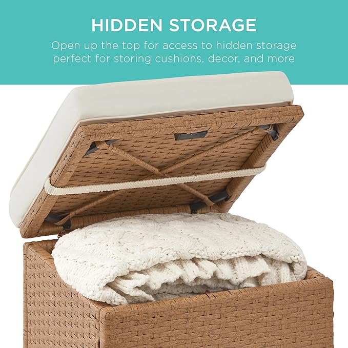 Best Choice Products Set of 2 Wicker Ottomans, Multipurpose Outdoor Furniture for Patio, Backyard, Additional Seating, Footrest, Side Table w/Storage, Removable Cushions - Natural/Ivory