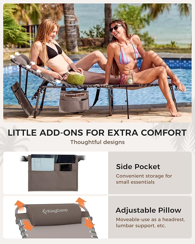KingCamp Tanning Chair with Face Hole, Lounge Chairs Outdoor Folding Comfy Adjustable 5-Position Foldable Chaise Chaser with Canopy Shade for Outside Beach Patio Sun Bathing, Beige