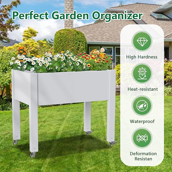 Raised Garden Bed with Legs, 28.9" Tall Self-Watering Raised Planter Box with Lockable Wheels, Drainage Plug and Gauge for Vegetables Flowers, Rustproof Resin for Backyard Patio (Ashen)