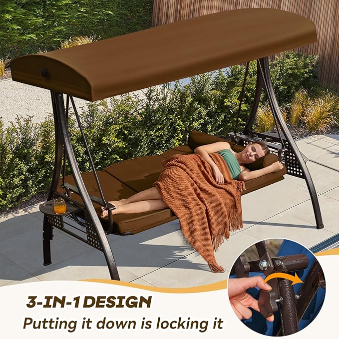 3 in 1 Outdoor Porch Swing with Adjustable Canopy, 3 Seat Outdoor Swing for Adults, Patio Swing Chair with Thickened Cushions,Pillows & Cup Holders for Backyard, Porch, Garden (Brown)