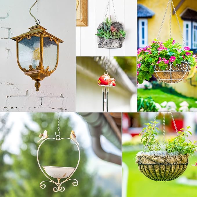 RIFNY Silver Chain for Hanging Plants, 24 Inch Small Plant Chains for Hanging Baskets Kits with Hooks for Bird Feeders Planters Billboards Lanterns Wind Chimes Ornaments Outdoor Indoor Use (10 PCS)