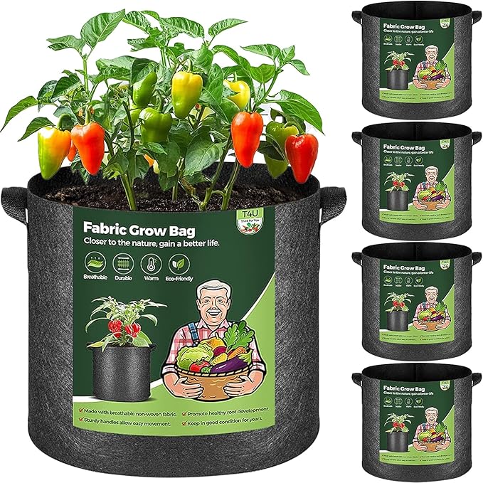 T4U Fabric Plant Grow Bags with Handle 7 Gallon Pack of 5, Heavy Duty Nonwoven Smart Garden Pot Thickened Aeration Nursery Container Black for Outdoor Potato, Tomato, Chili, Carrot and Vegetables