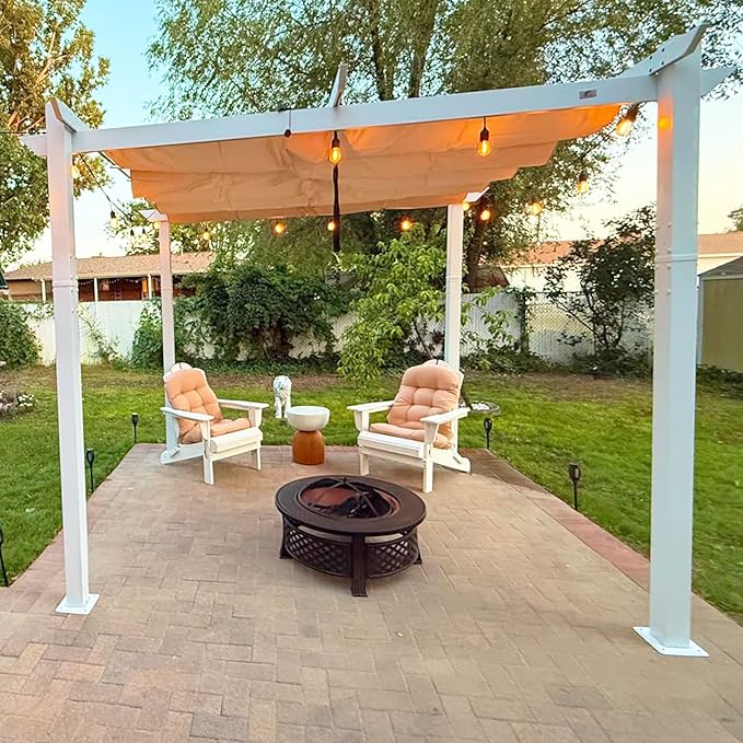 PURPLE LEAF 10' x 10' Outdoor Aluminum Pergola White Heavy-Duty Retractable Pergola Patio Metal with Double Sun Shade Canopy for Gardens Deck Backyard, Khaki