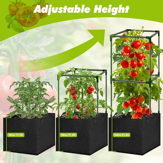3 Pack Tomato Cages 47 Inch for Garden with 19.5 Gallon Square Grow Bags Planter Pots with Heavy Duty Trellis Plant Stakes Support Frames for Vertical Climbing Cucumber Vegetables Flowers