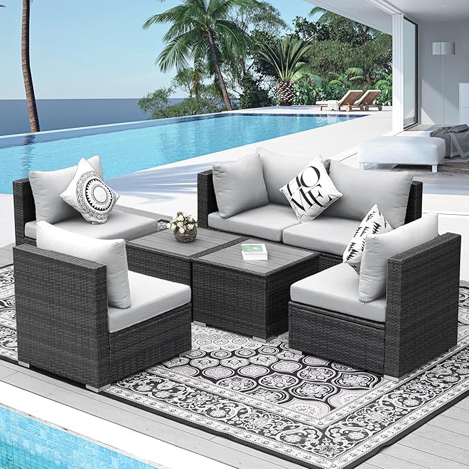 NICESOUL 7 Pieces Comfy 29.3'' High Back Outdoor Furniture Sofa Set, Extra Large Size Grey PE Wicker Patio Modular Sectional with Side Tables, All-Weather Rattan Conversations for Backyard Deck,Gray