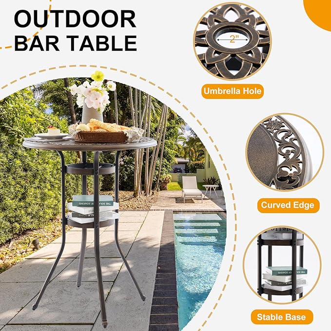 Outdoor Bar Height Table, 31.5" Round Cast Aluminum Patio Pub Table with Umbrella Hole, All-Weather Design for Deck/Garden/Poolside (Bronze)