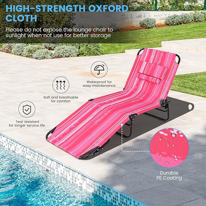GYMAX Tanning Chair, 350lbs Beach Lounge Chair with Face Hole, Washable Pillow & Carry Strap, Adjustable Folding Chaise Lounge, Layout Lounger for Outside, Patio, Poolside, Lawn (1, Pink Stripe)