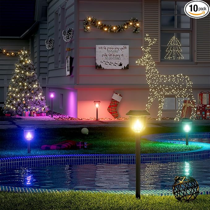 AOSEA Christmas Solar Pathway Lights Outdoor Waterproof, Solar Powered Garden Lights, Christmas Decor Garden Lighting for Yard, Patio, Landscape, Pathway (RGB Flash Mode Only, 10 Pack)