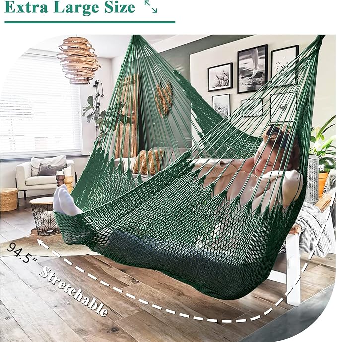 Upgraded Caribbean Hammock Chair with Detachable Metal Bar, Large Hammock Swing Chair, XL Rope Hanging Chair for Outdoor Indoor, 330 LBS Weight Capacity, ForestGreen
