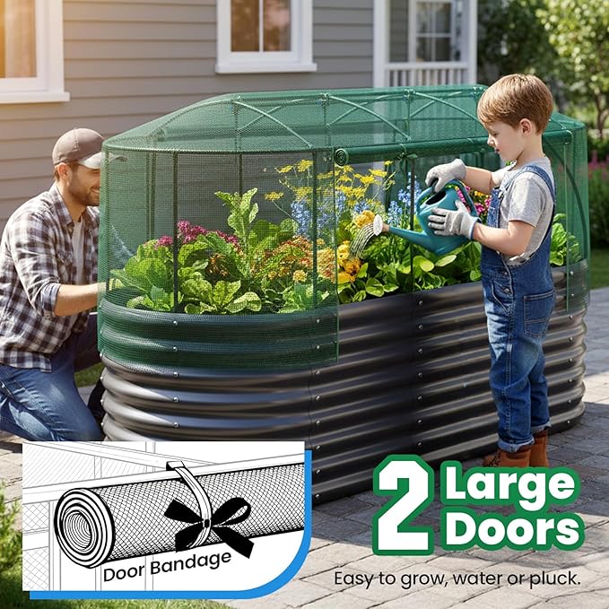 Quictent Galvanized Raised Garden Bed Kit with Self Watering System and Mesh Cover, Large Oval Metal Outdoor Planter Garden Boxes for Vegetables Herbs Flowers, 8x3x2Ft
