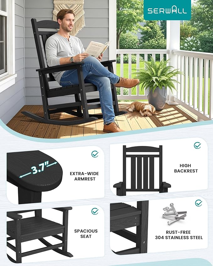 SERWALL HDPE Outdoor Rocking Chair Set of 2, Patio Rocking Chairs, All-Weather Porch Rockers for Adults, Black
