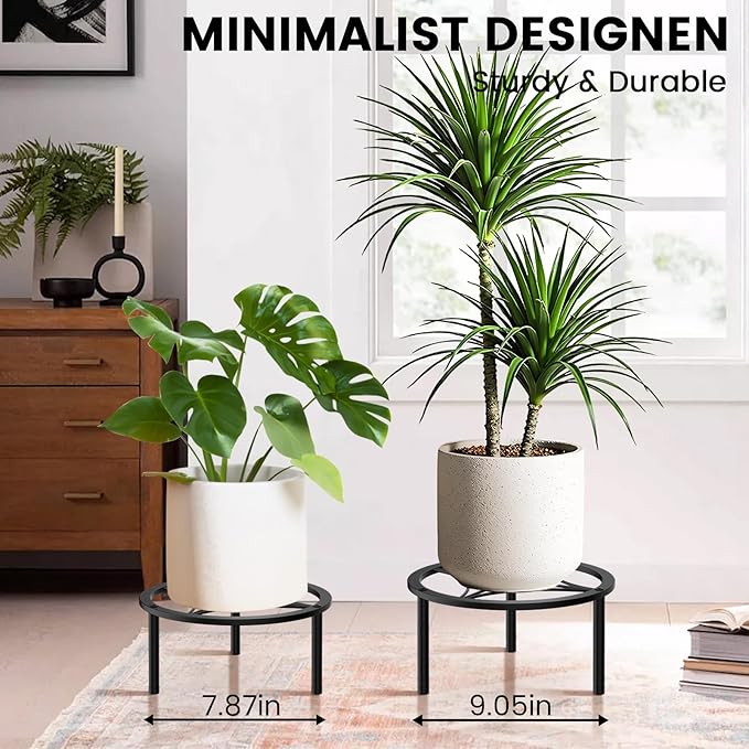 TOSKING Heavy Duty Metal Plant Stand - 7.9-inch Round Tray with Geometric Pattern, Adjustable Leveling Feet & Rust-Resistant Finish for Indoor/Outdoor Use