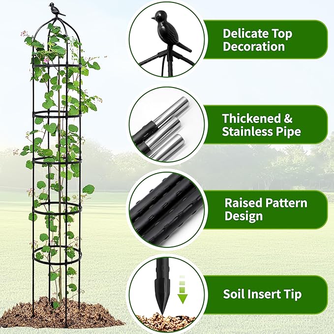2-Pack 6.7FT Garden Obelisk Trellis for Climbing Plants,Adjustable 5-Tier Metal Plant Support,Rustproof Outdoor Plant Tower with 3 Decorative Tops for Roses,Tomatoes,Clematis & Vines,Black